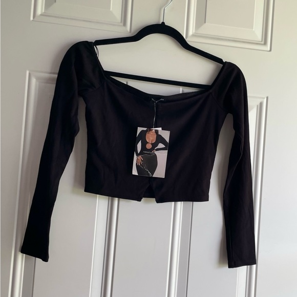 NWT HTF Naked Wardrobe Black Off My Shoulders Long Sleeve Lux Ribbed Crop Top - Picture 3 of 11